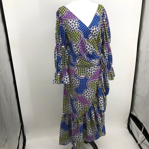 CQ by CQ multicolor geometric patchwork long sleeve ruffle Wrap Maxi dress Lg - Picture 14 of 14